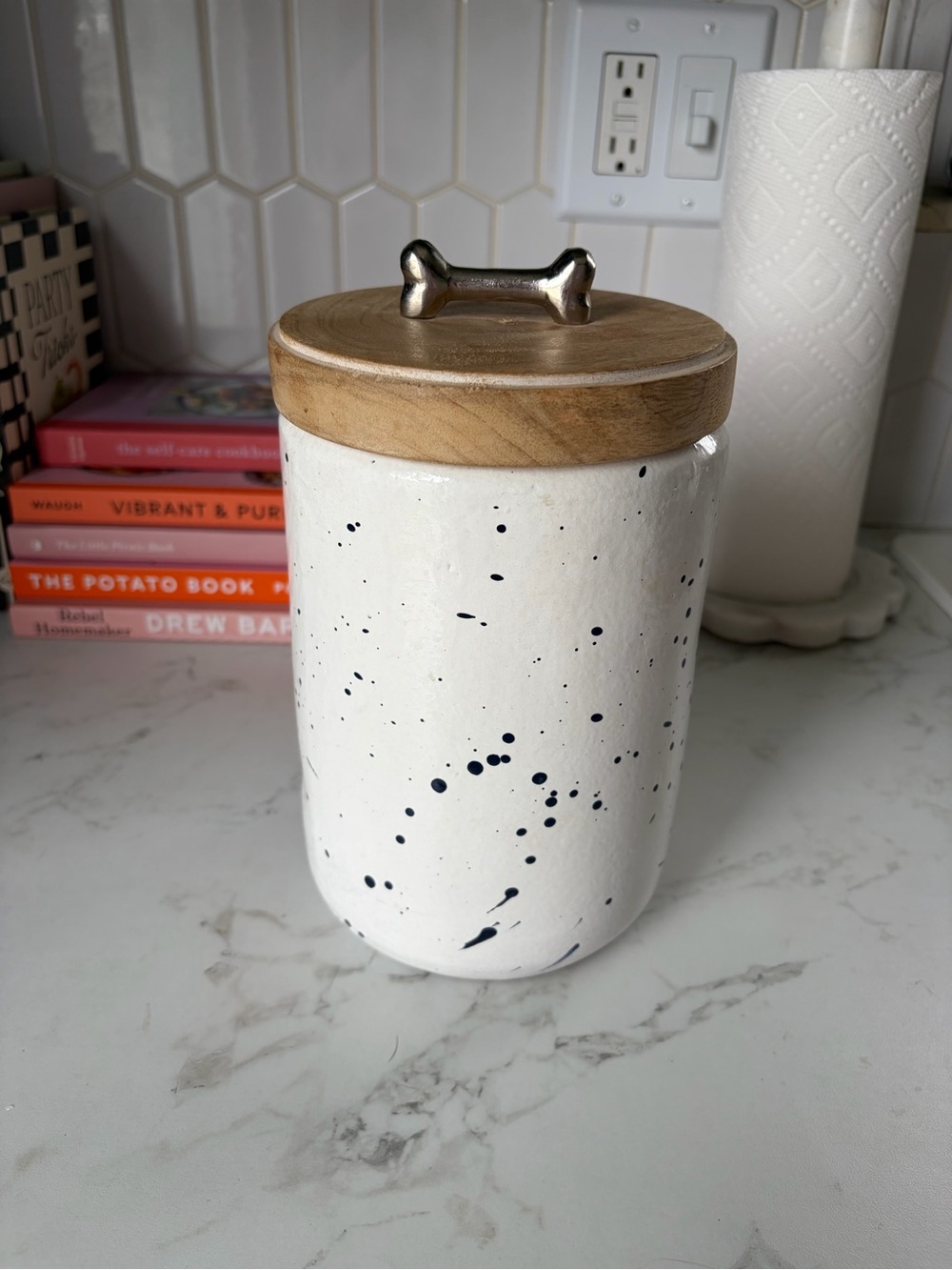 Ceramic Dog Treat Jar with Wood Lid - White Speckle